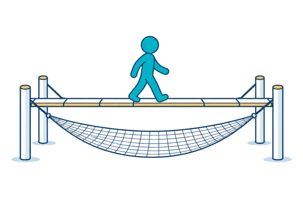 Un personnage turquoise avance sur une passerelle équipée d’un filet de sécurité